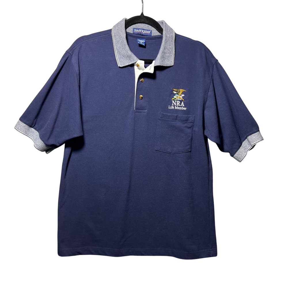 Swingster Mens NRA Life Member Polo Shirt Navy‎ Blue Short Sleeve Pocket Size M